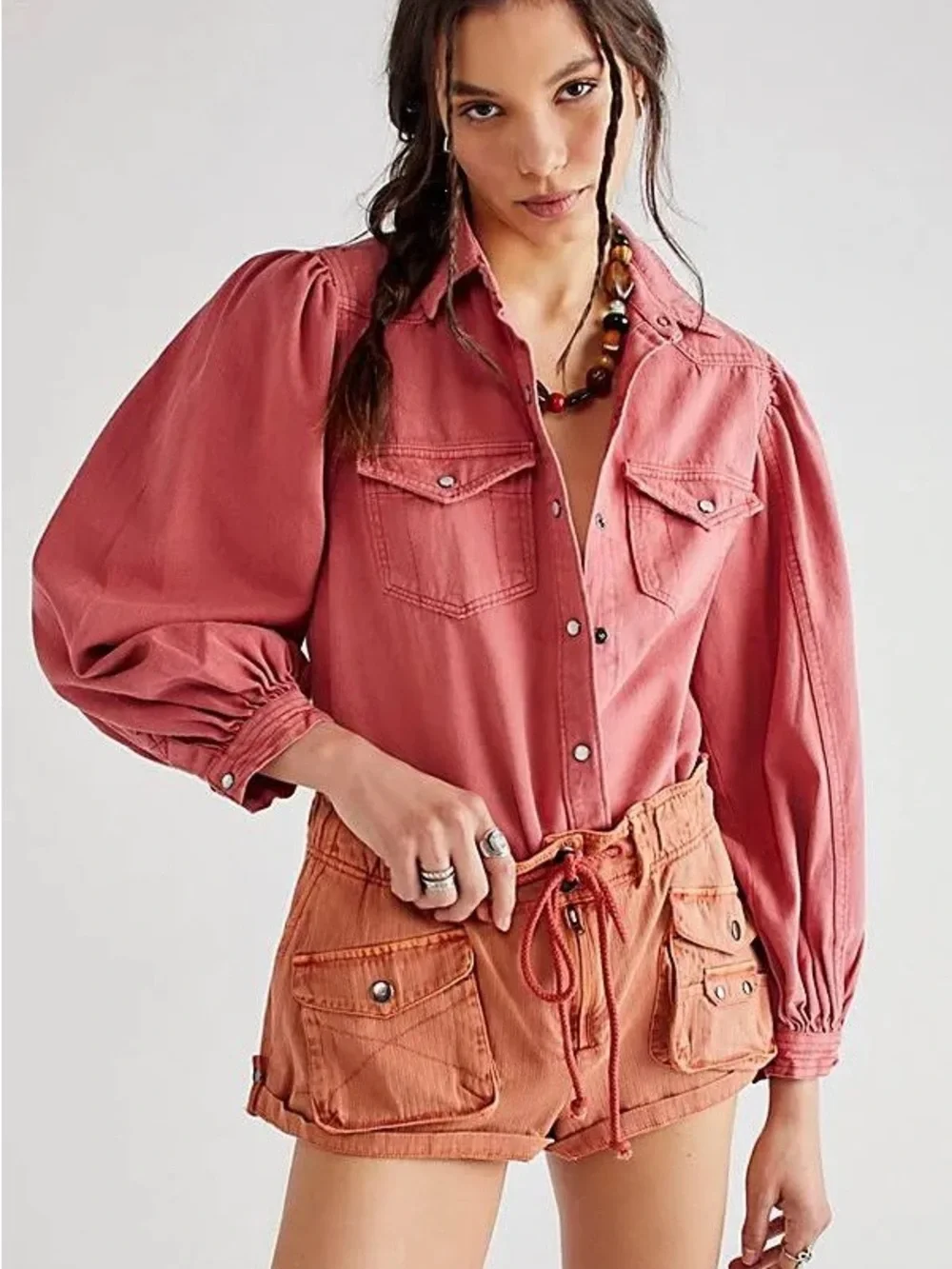 FREE PEOPLE We The Free “With Love” Denim Shirt in Coral Rose Red